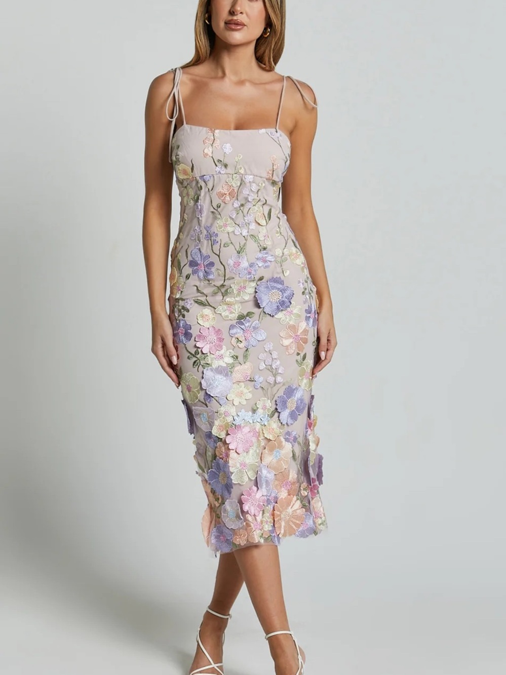 Floral Appliquรฉ Midi Dress in Nude with Pastel Flowers